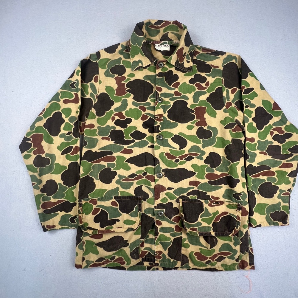 VTG Saf-T-Bak Hunting Jacket Mens XL Camo Frog Skin Canvas Field Coat Utility